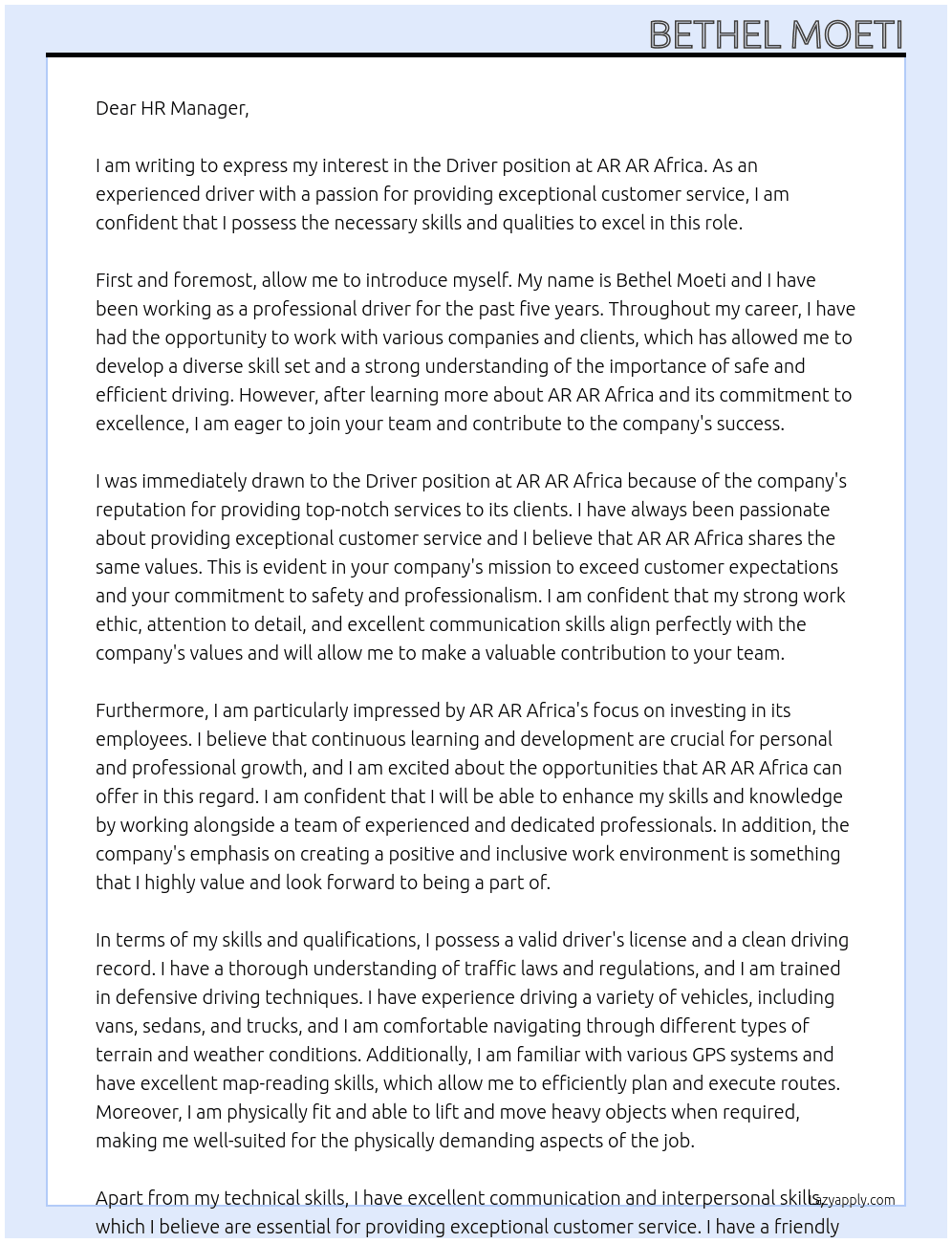 Driver At AR AR Africa Cover Letter