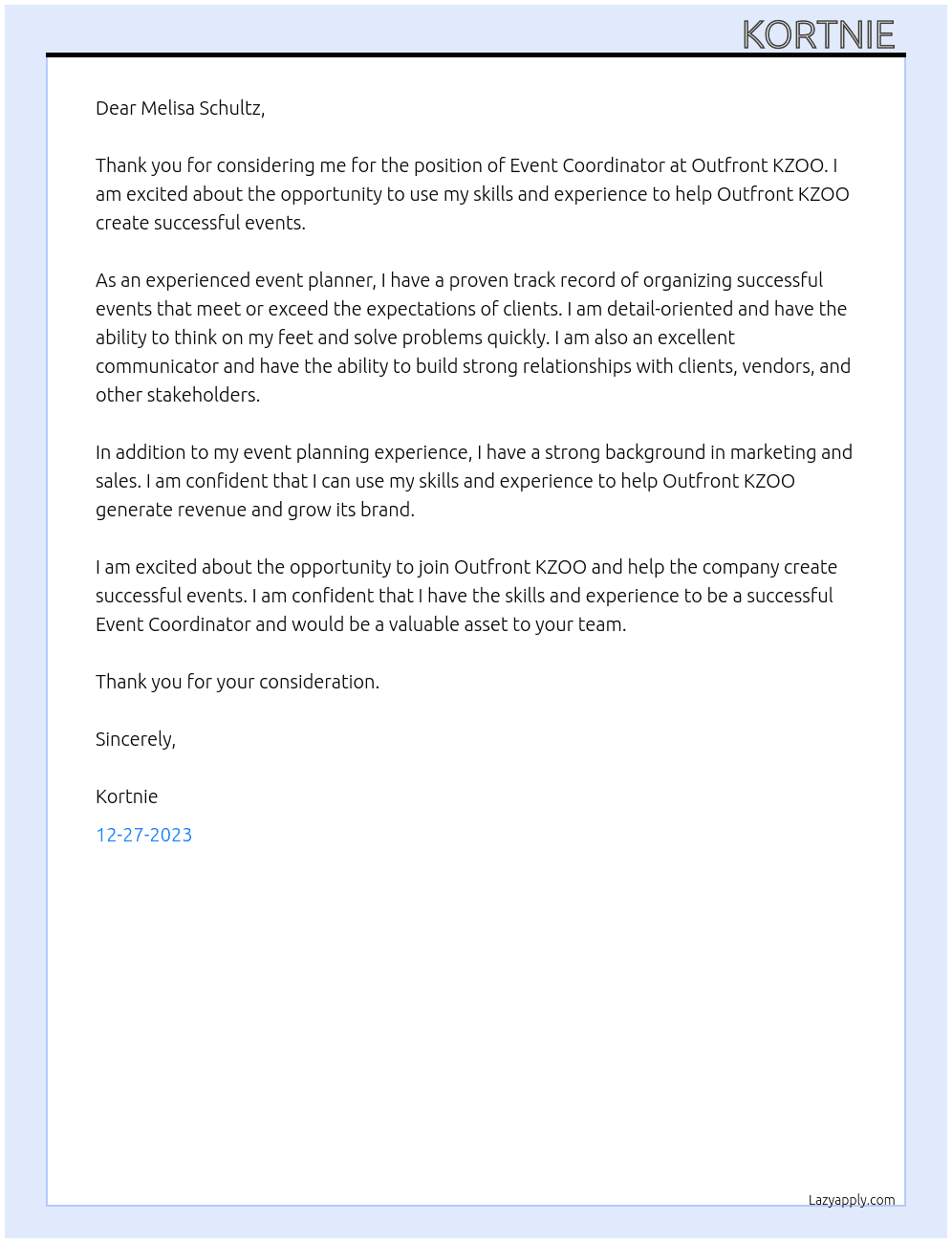 Event Coordinator  At Outfront KZOO Cover Letter