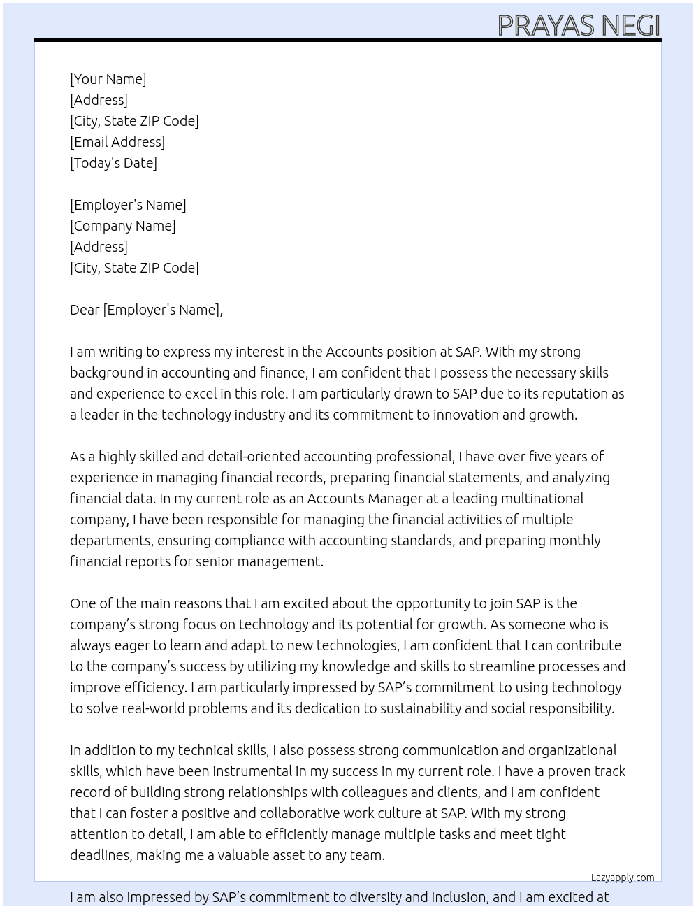 accounts At sap Cover Letter
