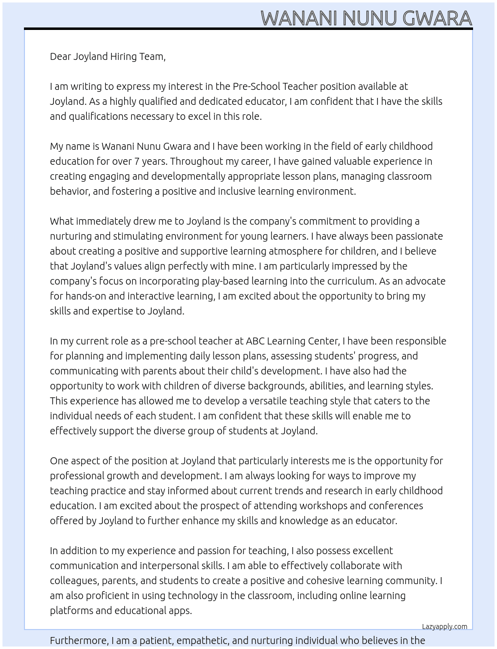 pre school teacher At joyland Cover Letter