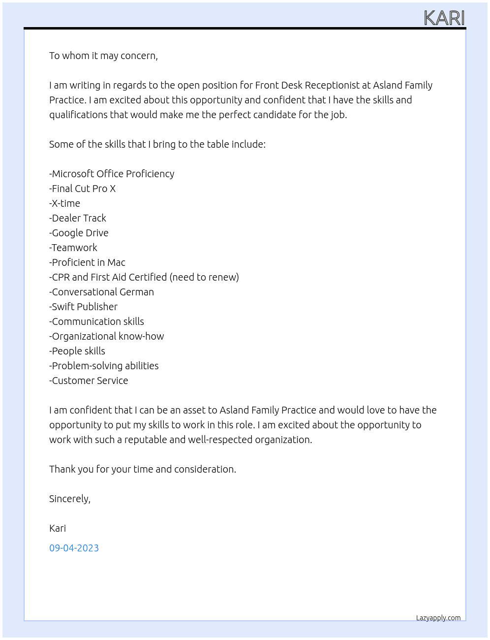 Front Desk Receptionist At Asland Family Practice Cover Letter
