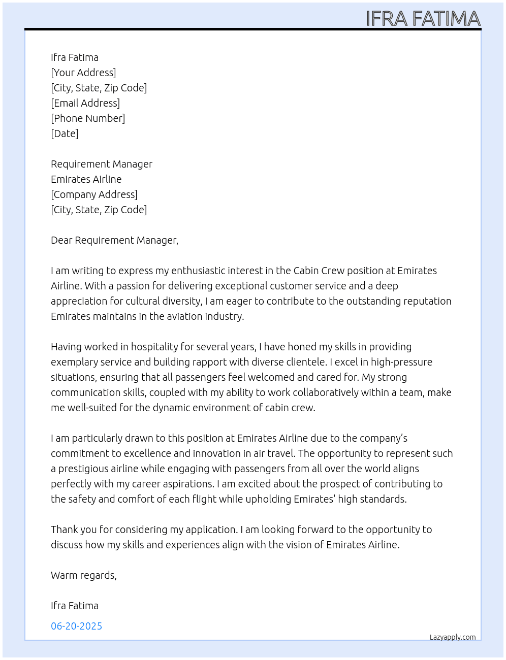 Cabin crew At Emirates Airline Cover Letter