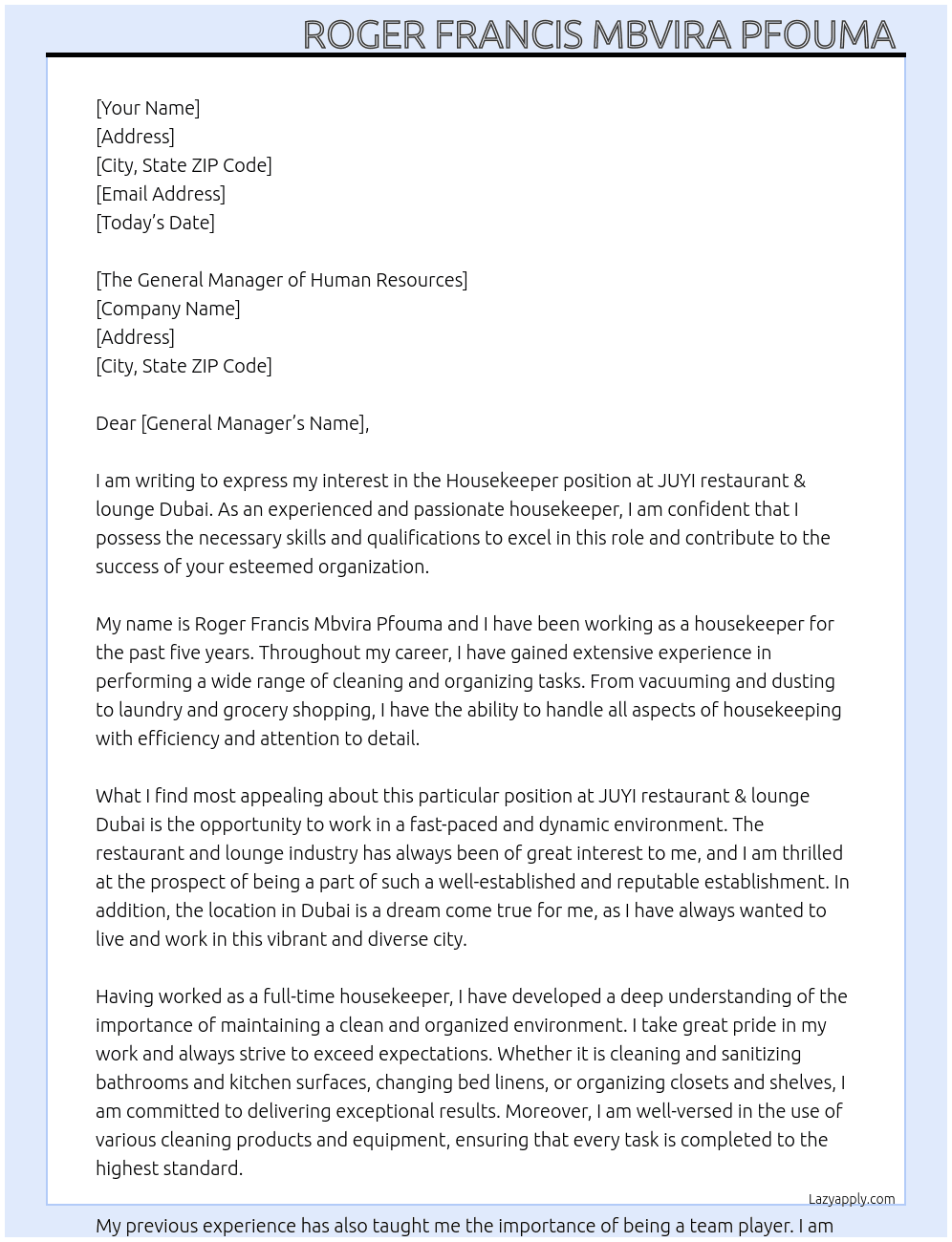 Housekeeper  At JUYI restaurant & lounge Dubai Cover Letter