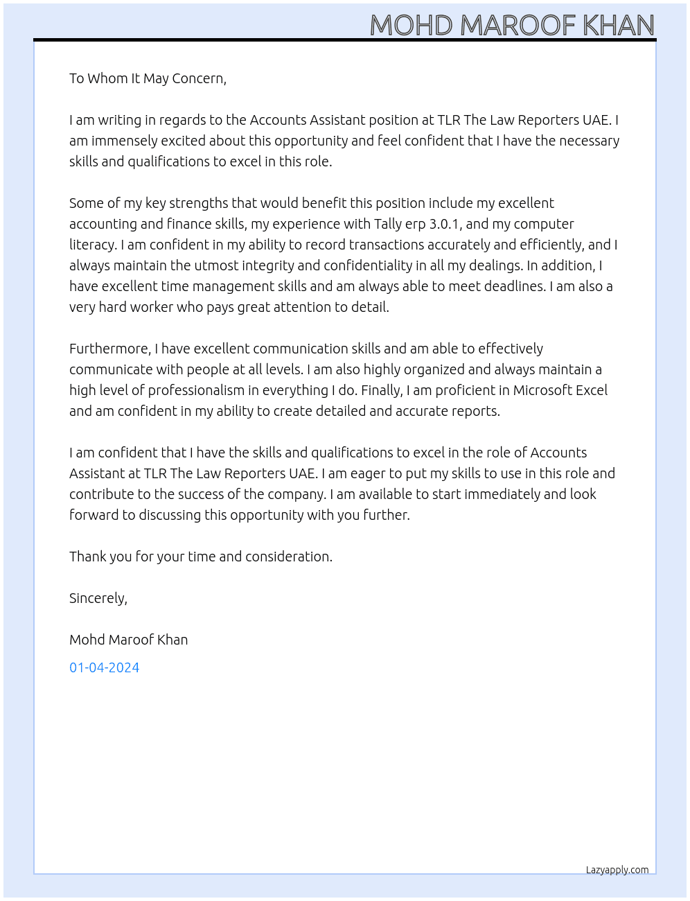 Accounts Assistant At TLR The Law Reporters UAE Cover Letter