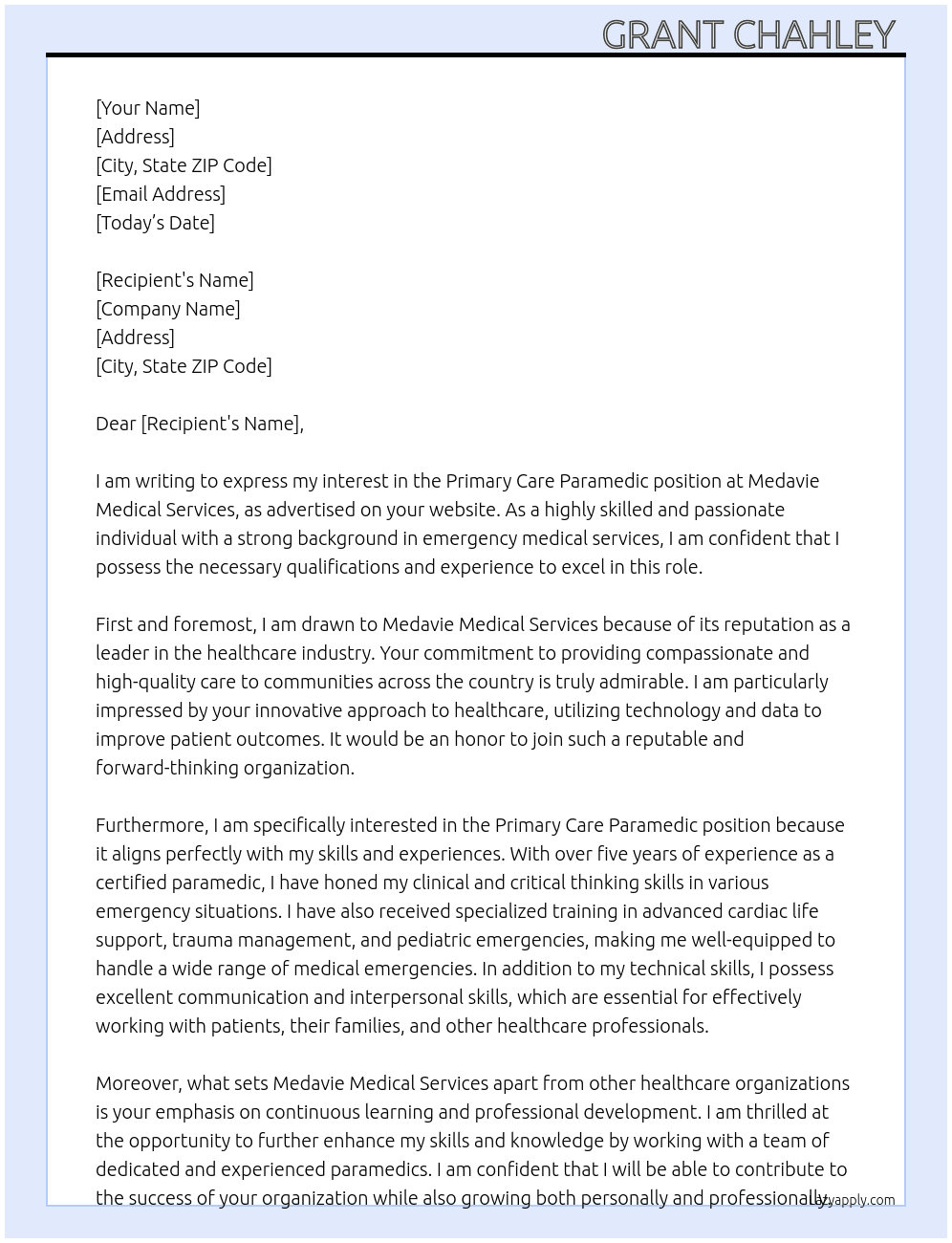 Primary care paramedic  At Medavie medical services  Cover Letter