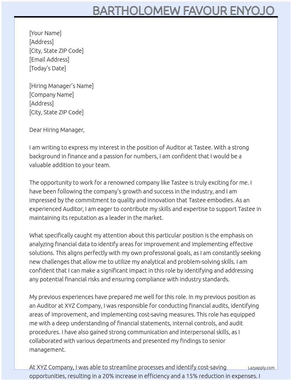 auditor At Tastee Cover Letter
