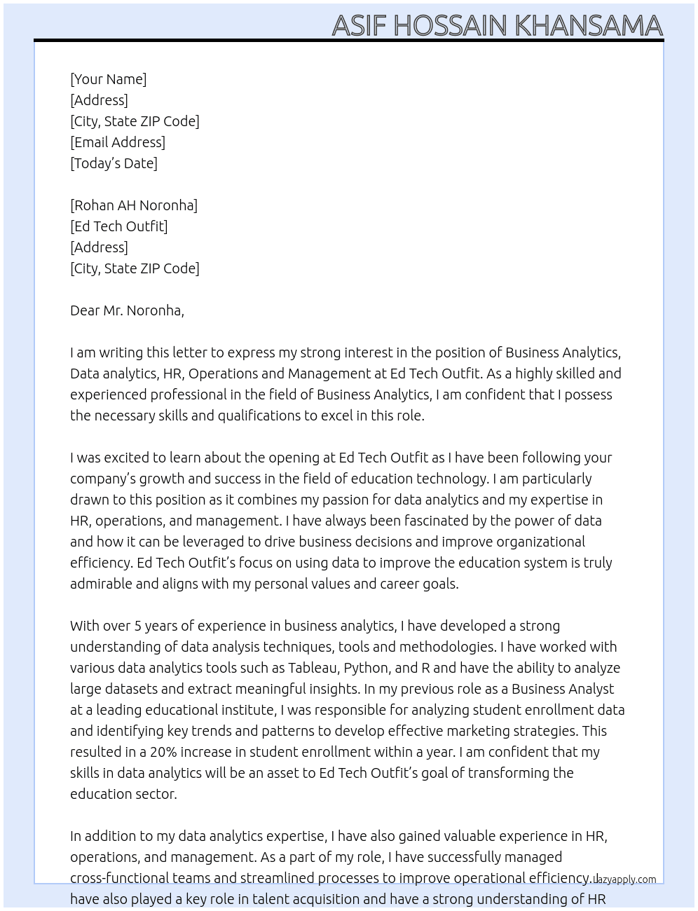 Business Analytics, Data analytics, HR , Operations, Management  At Ed Tech Outfit  Cover Letter