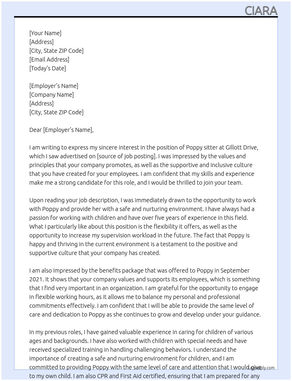 Poppy sitter At Asking for little understanding Cover Letter