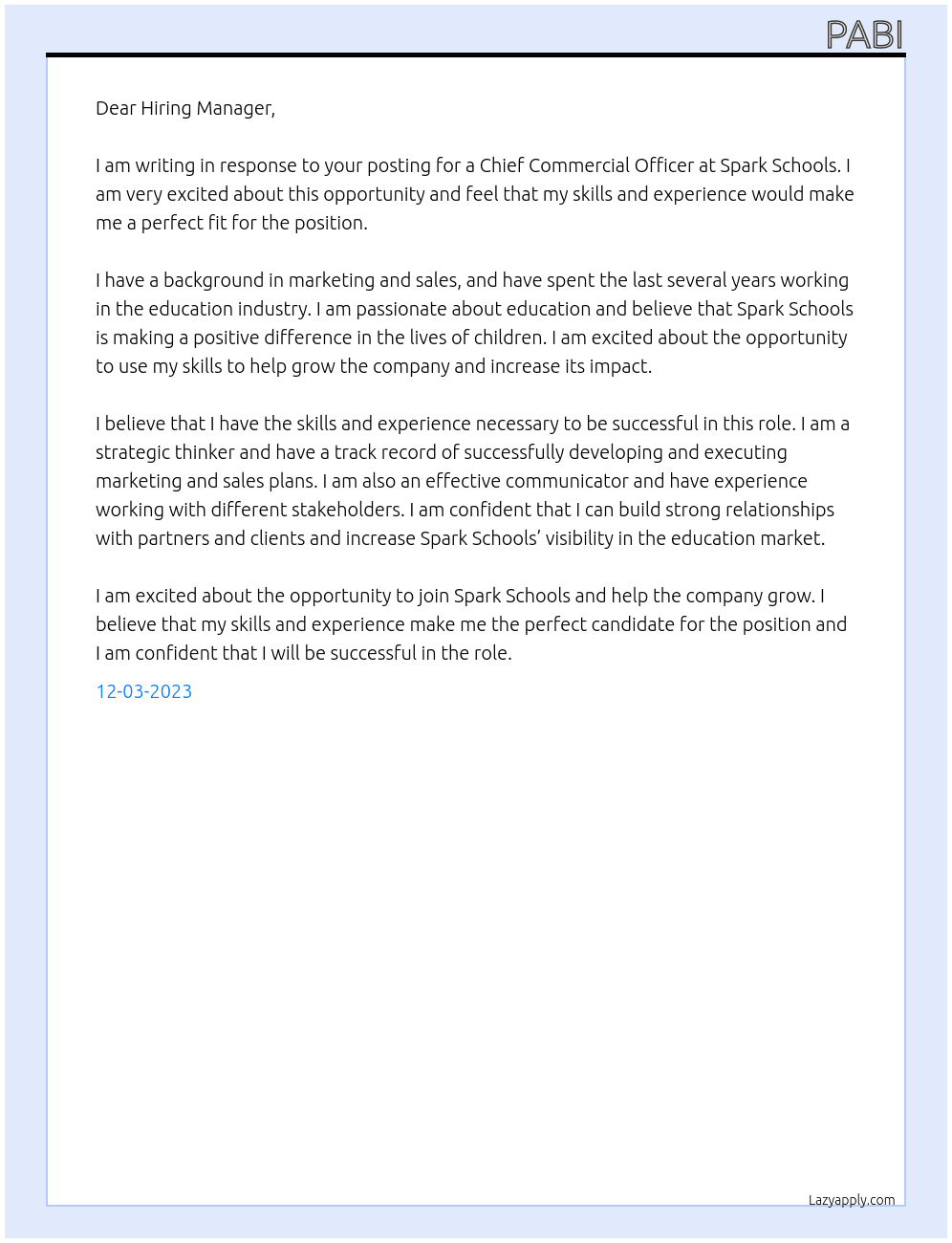 Chief Commercial Officer At Spark Schools Cover Letter