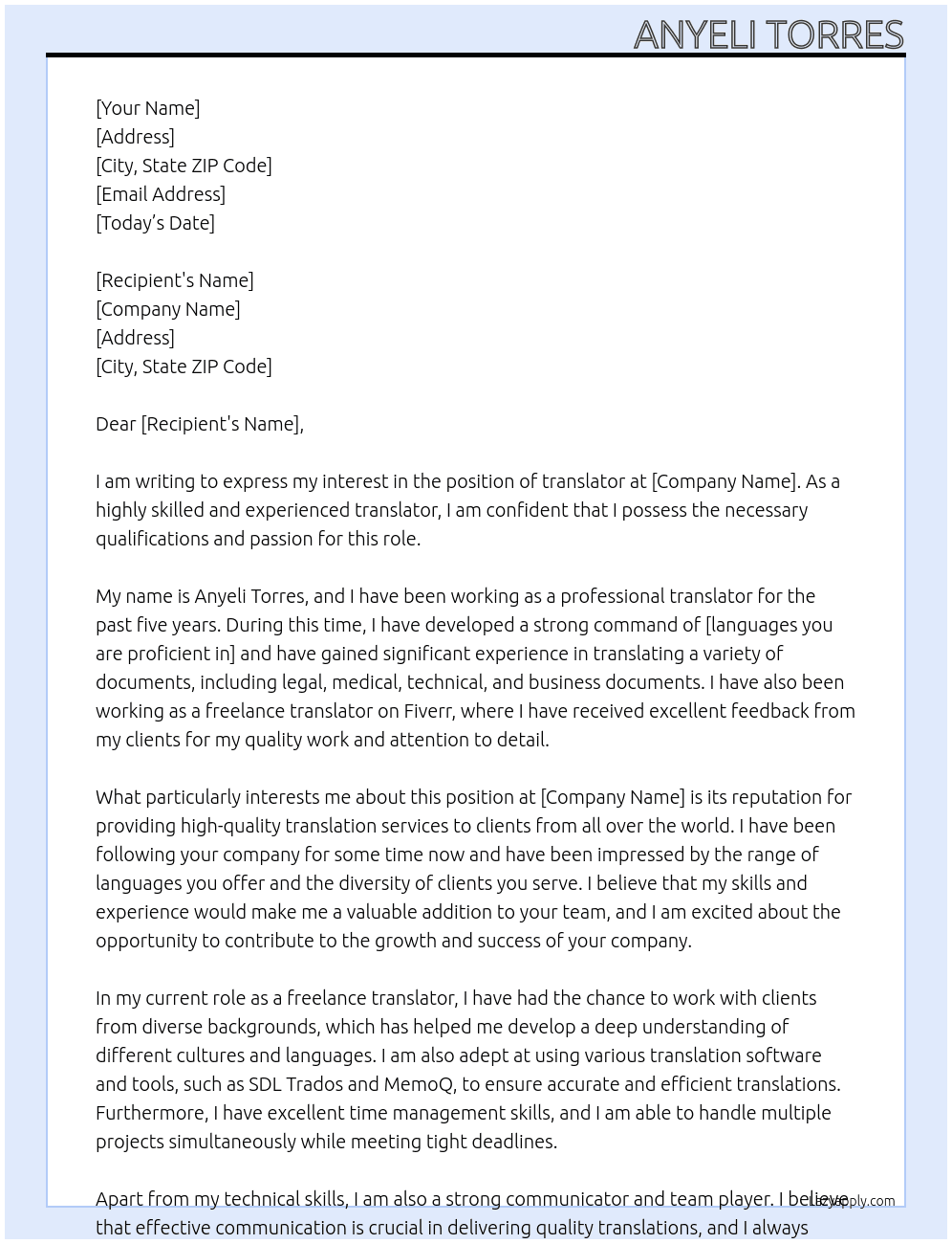 translator At fiverr Cover Letter