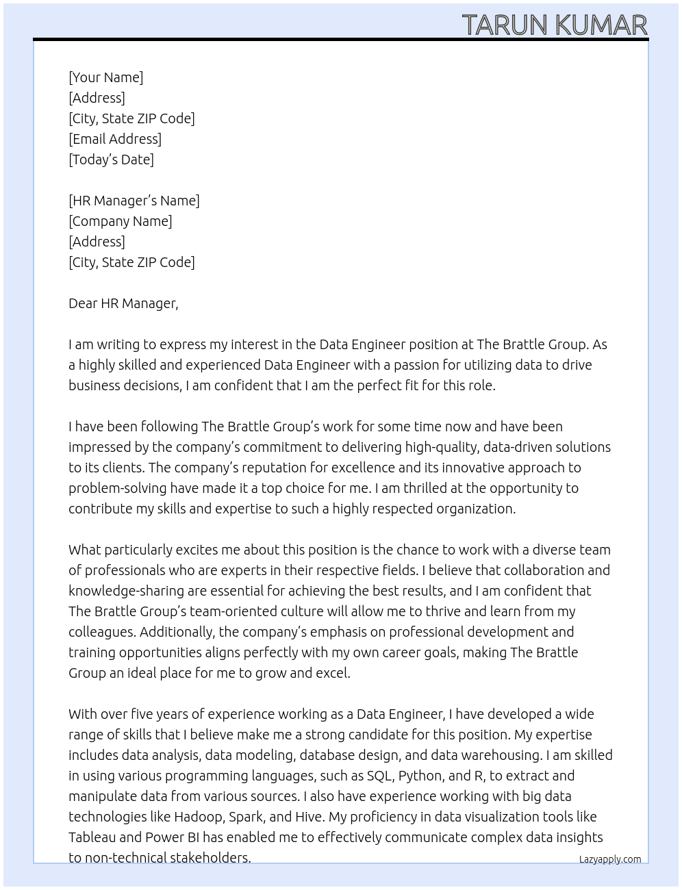Data Engineer At The Brattle Group Cover Letter