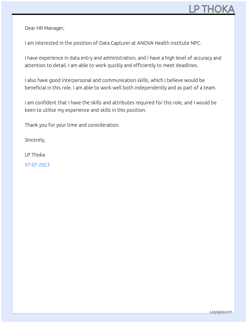 Data Capturer At ANOVA Health institute NPC Cover Letter
