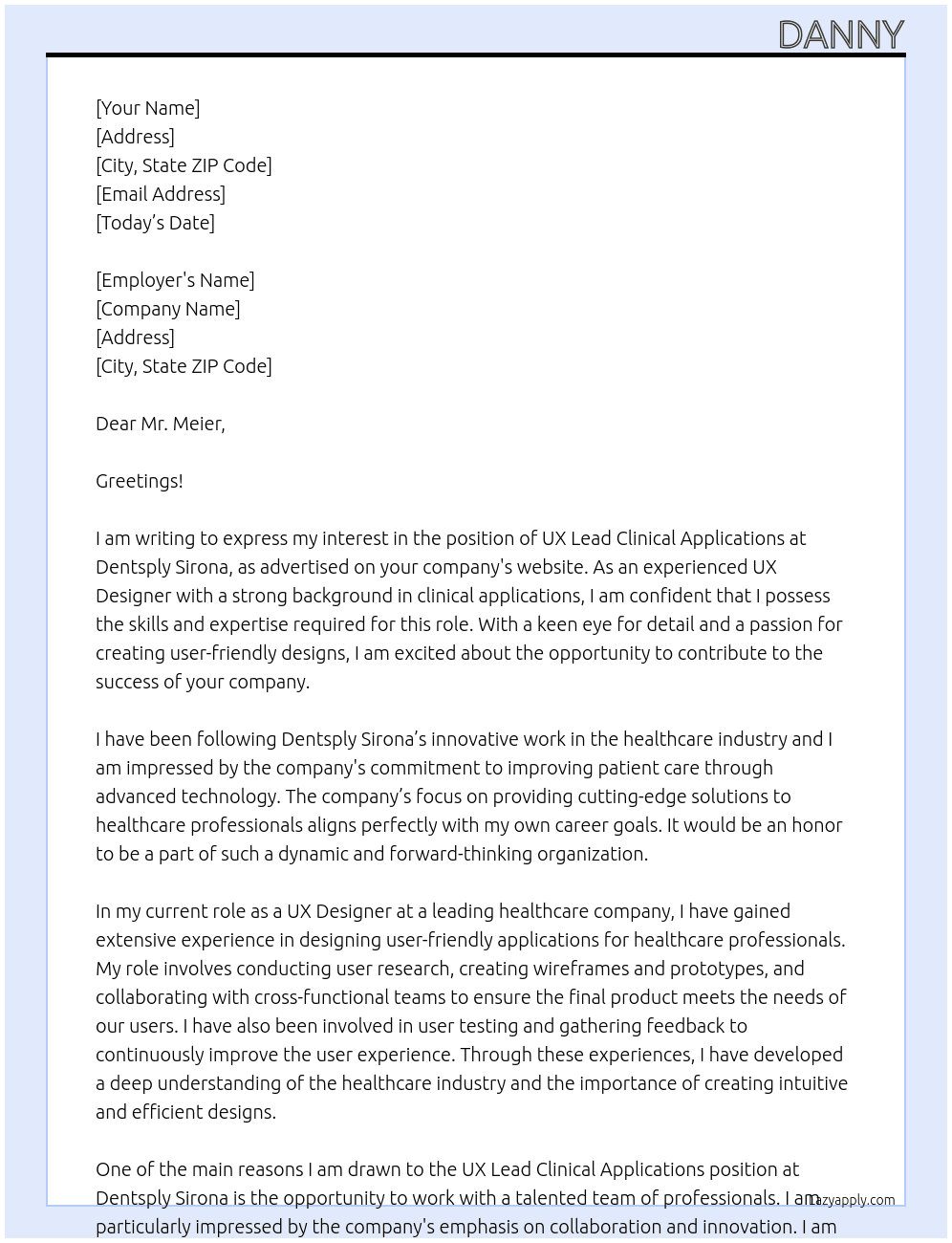 UX Lead Clinical Applications At Dentsply Sirona Cover Letter