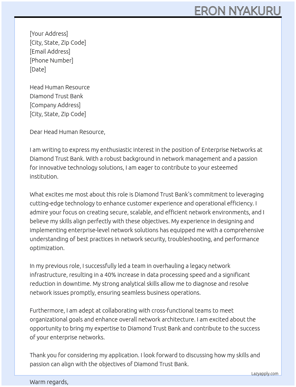 Enterprise Networks At Diamond Trust Bank Cover Letter
