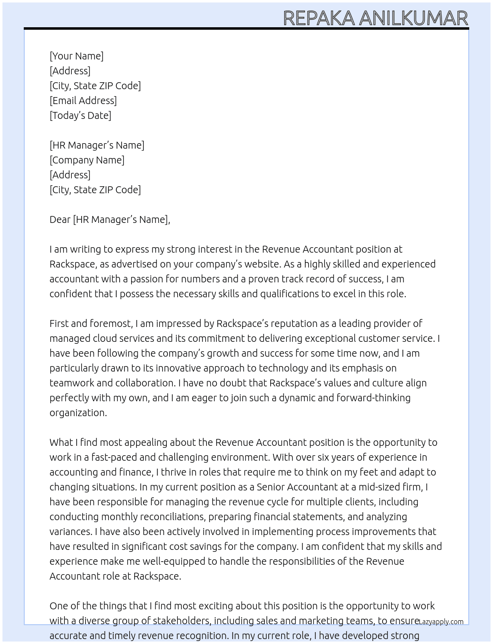 Revenue Accountant At Rackspace Cover Letter