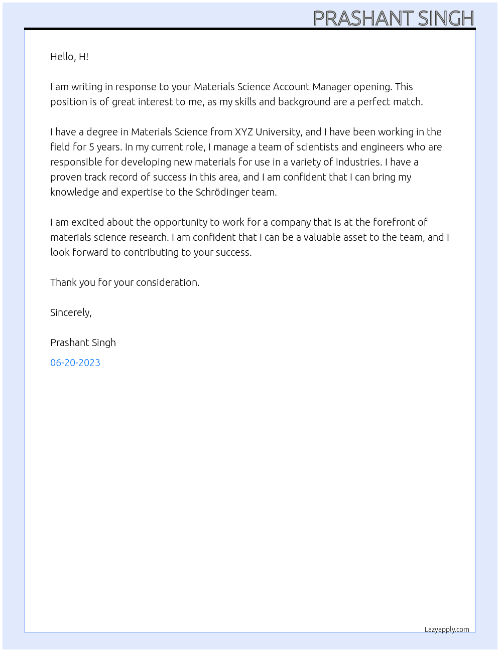 Materials Science Account Manager At Schrödinger Cover Letter