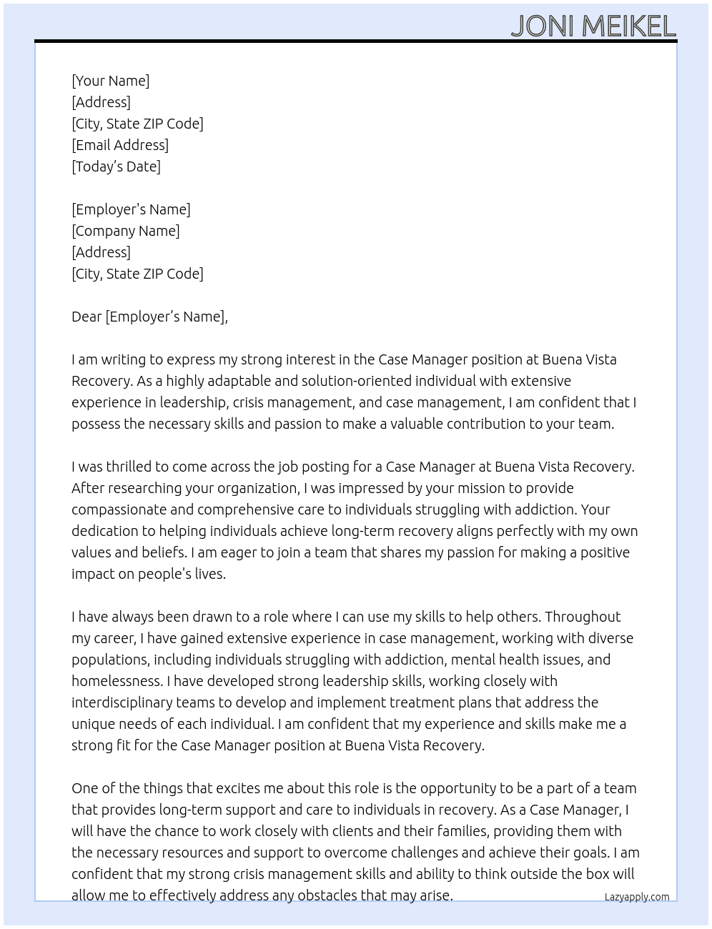 case manager  At buena vista recovery Cover Letter