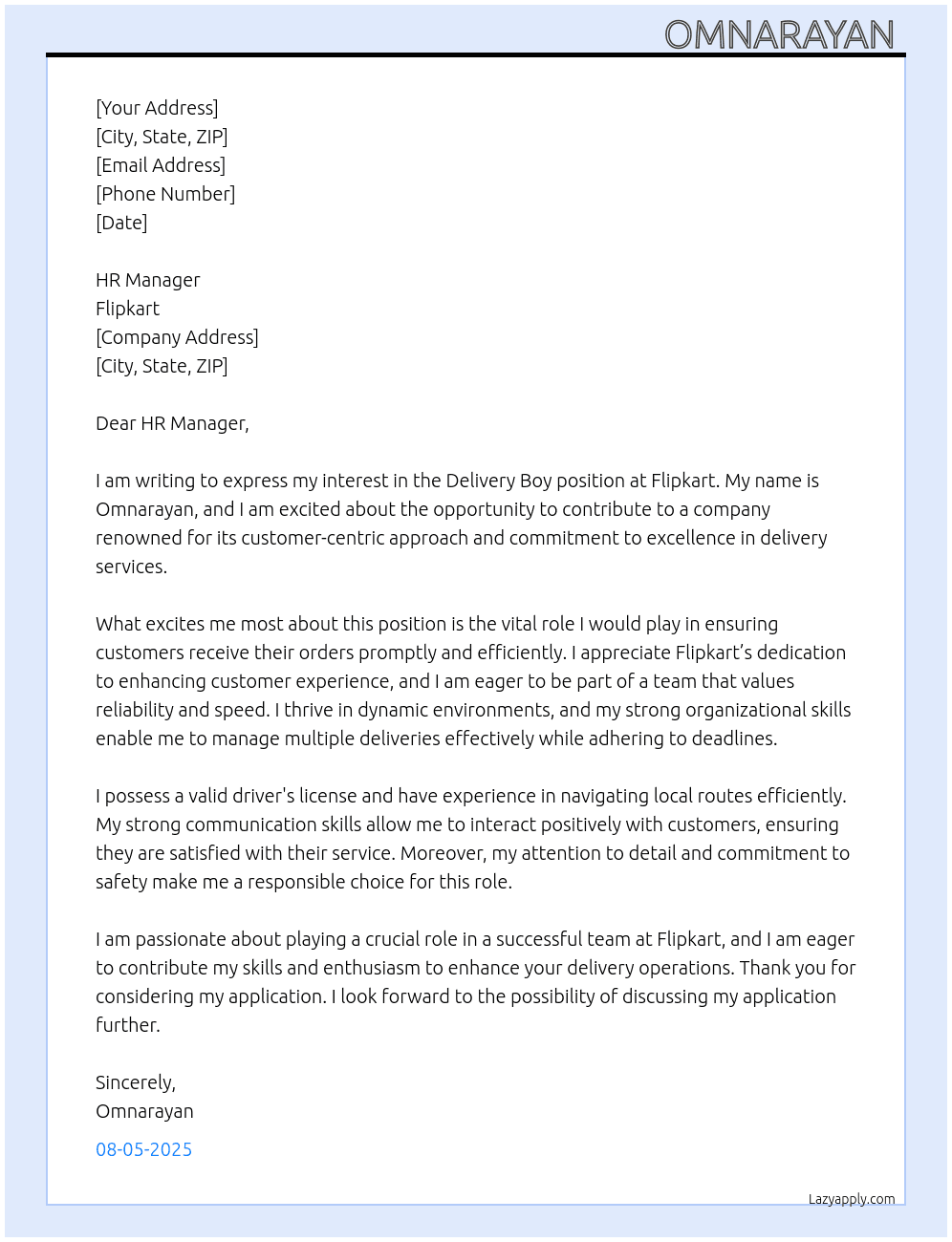 Delivery boy At Flipkart  Cover Letter