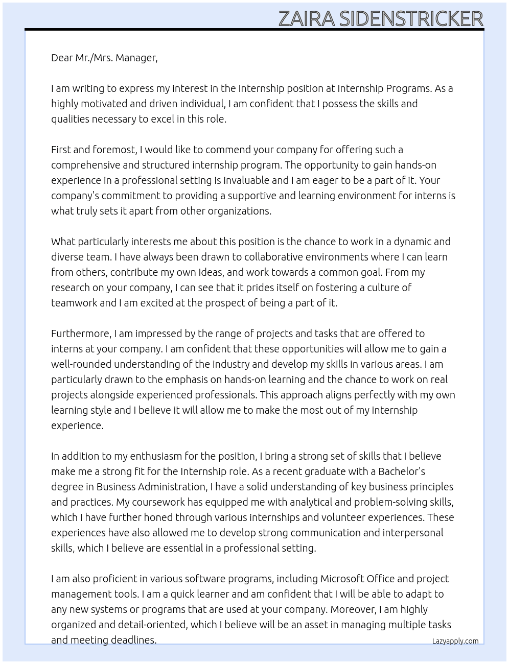 Internship At internship programs Cover Letter