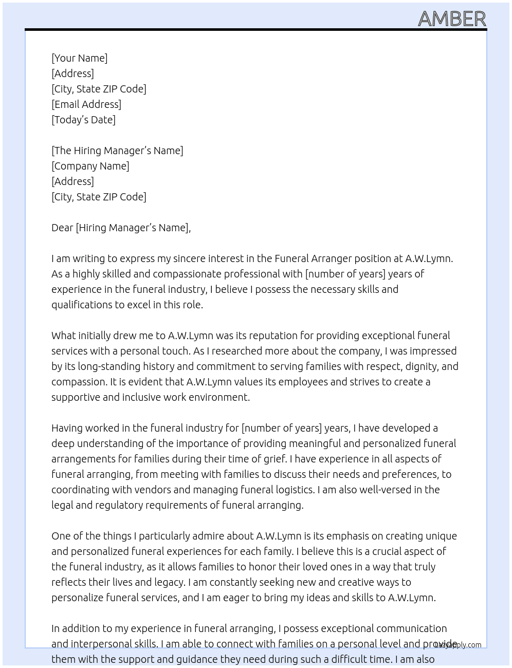 Funeral Arranger At A.W.Lymn Cover Letter