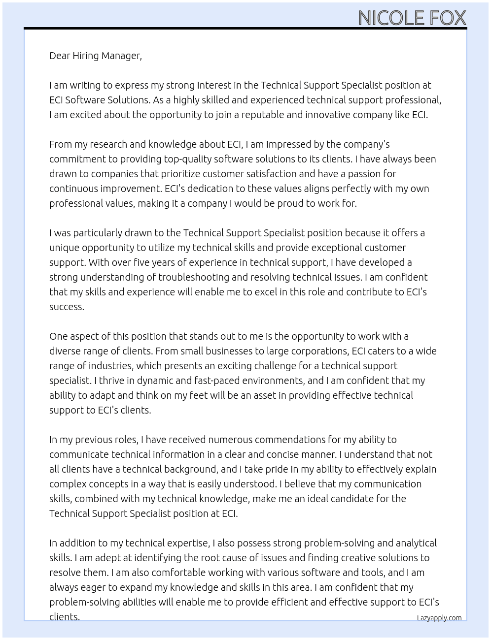 Technical Support Specialist At ECI Software Solutions Cover Letter