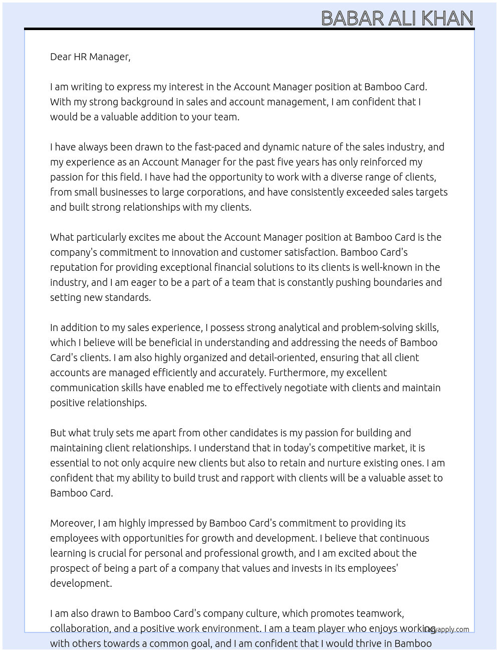 Account Manager At Bamboo Card Cover Letter