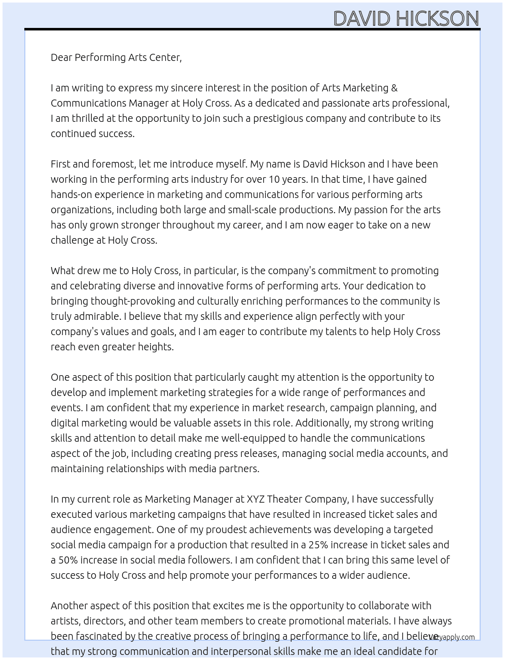 Arts Marketing & Communications Manager At Holy cross Cover Letter