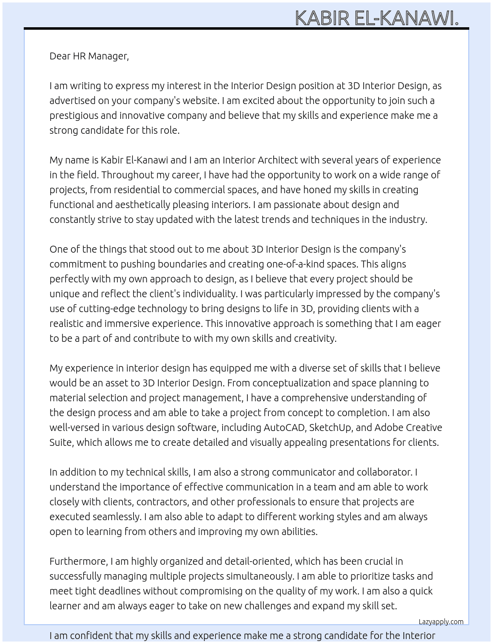 Interior design  At 3D interior design  Cover Letter