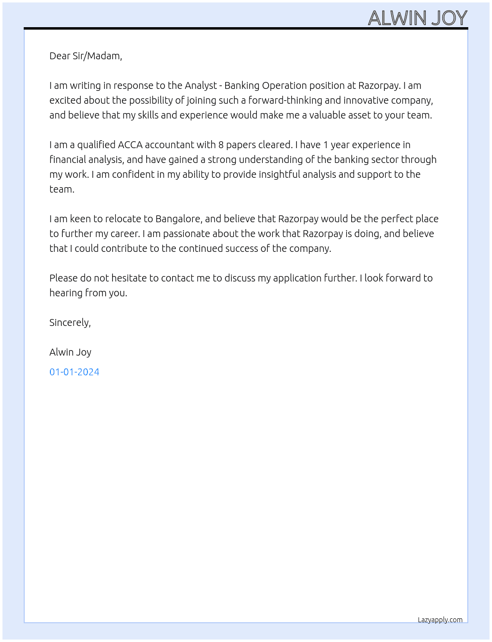 Analyst - Banking Operation At Razorpay Cover Letter