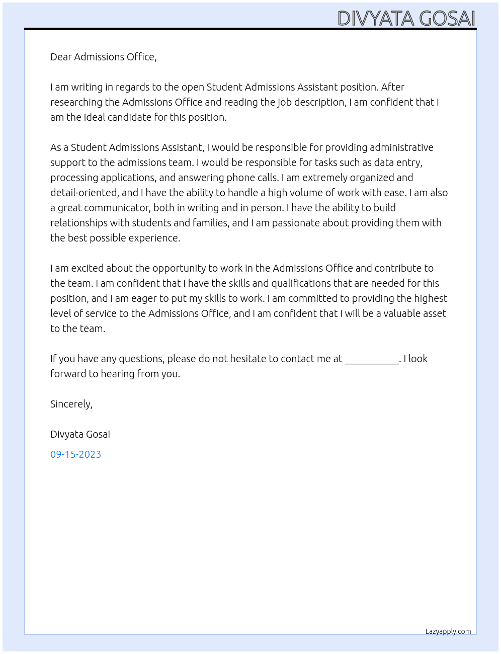Student Admissions Assistant At Admissions Office Cover Letter