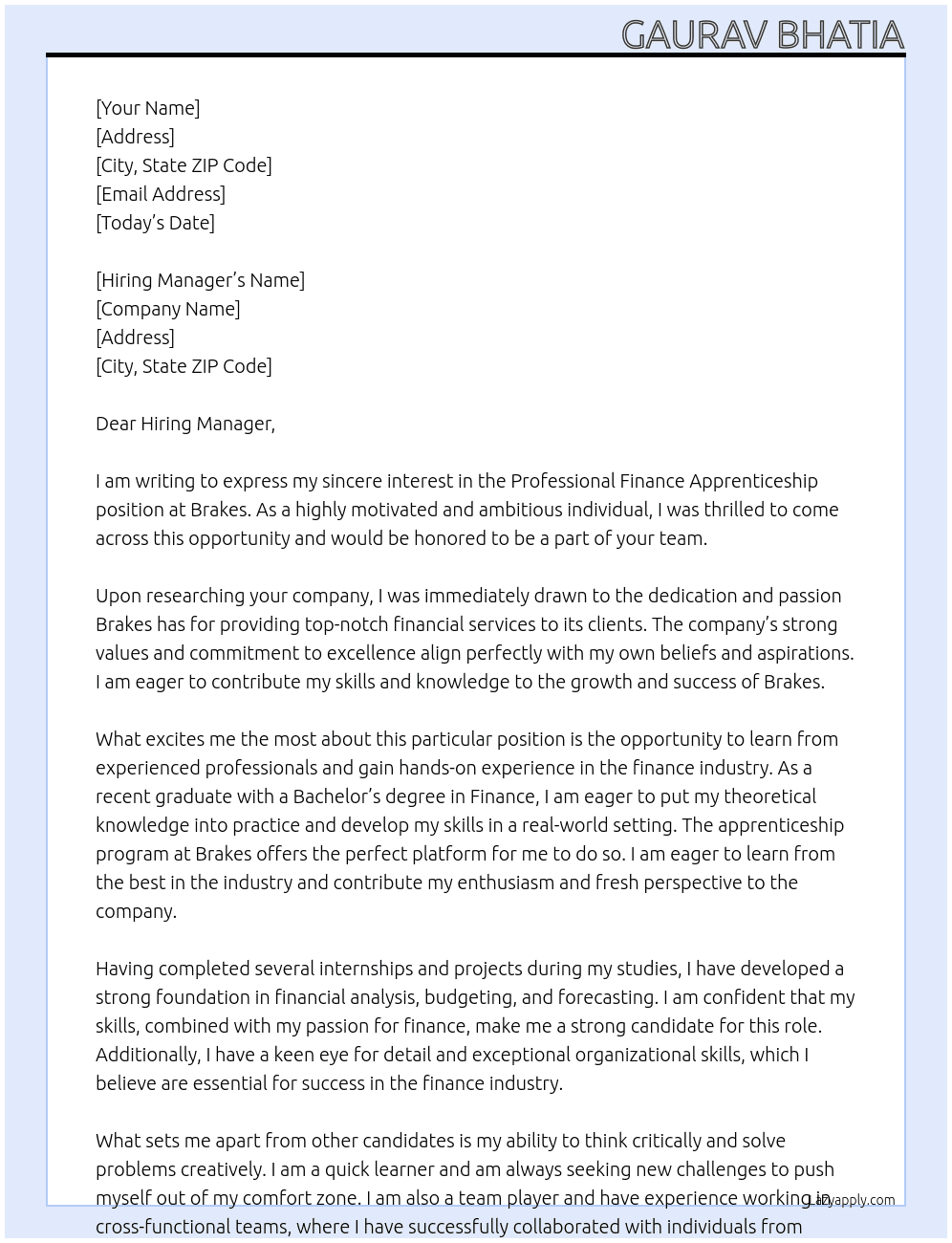 Professional Finance Apprenticeship At brakes Cover Letter