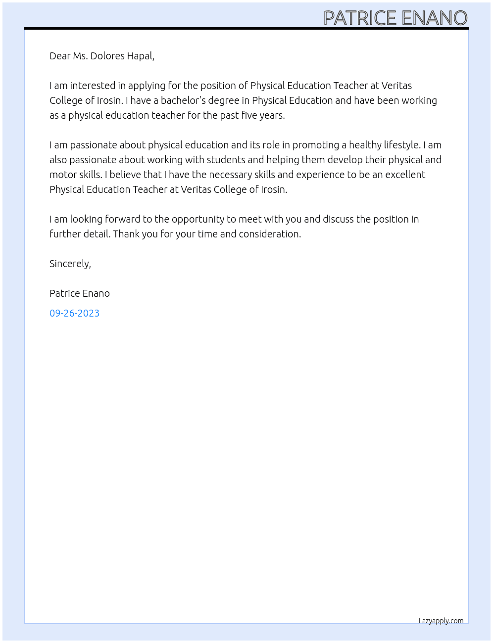 Physical Education Teacher At Veritas College of Irosin Cover Letter