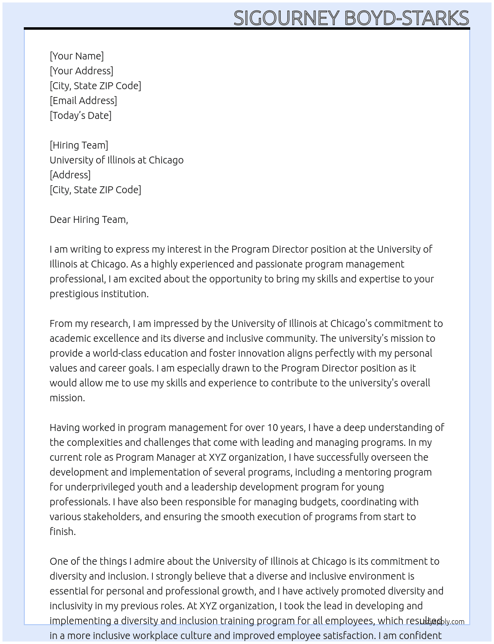 Program Director At University of Illinois at Chicago Cover Letter