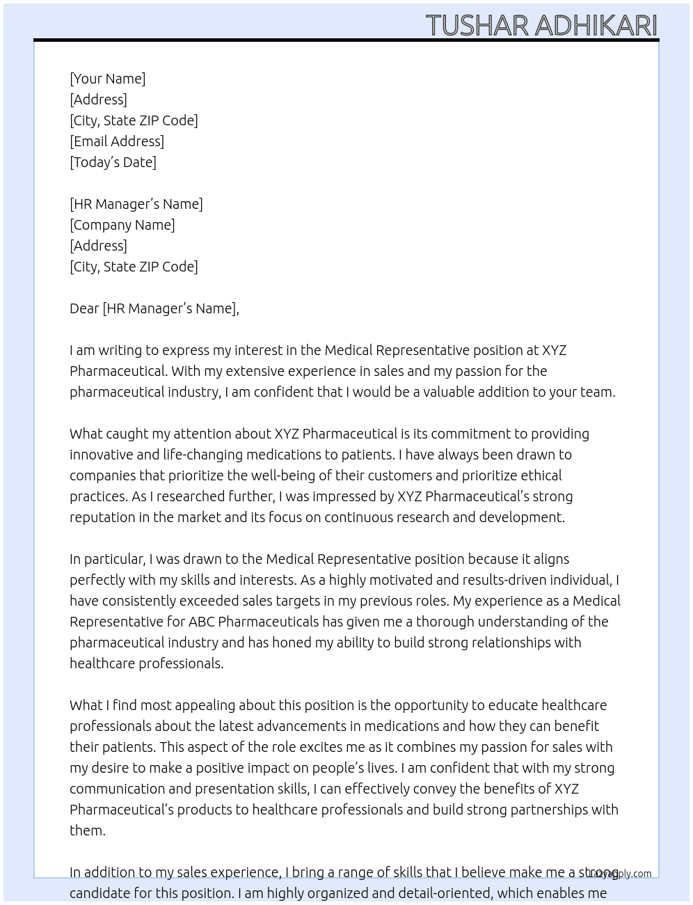 medical representative At XYZ PHARMACEUTICAL Cover Letter