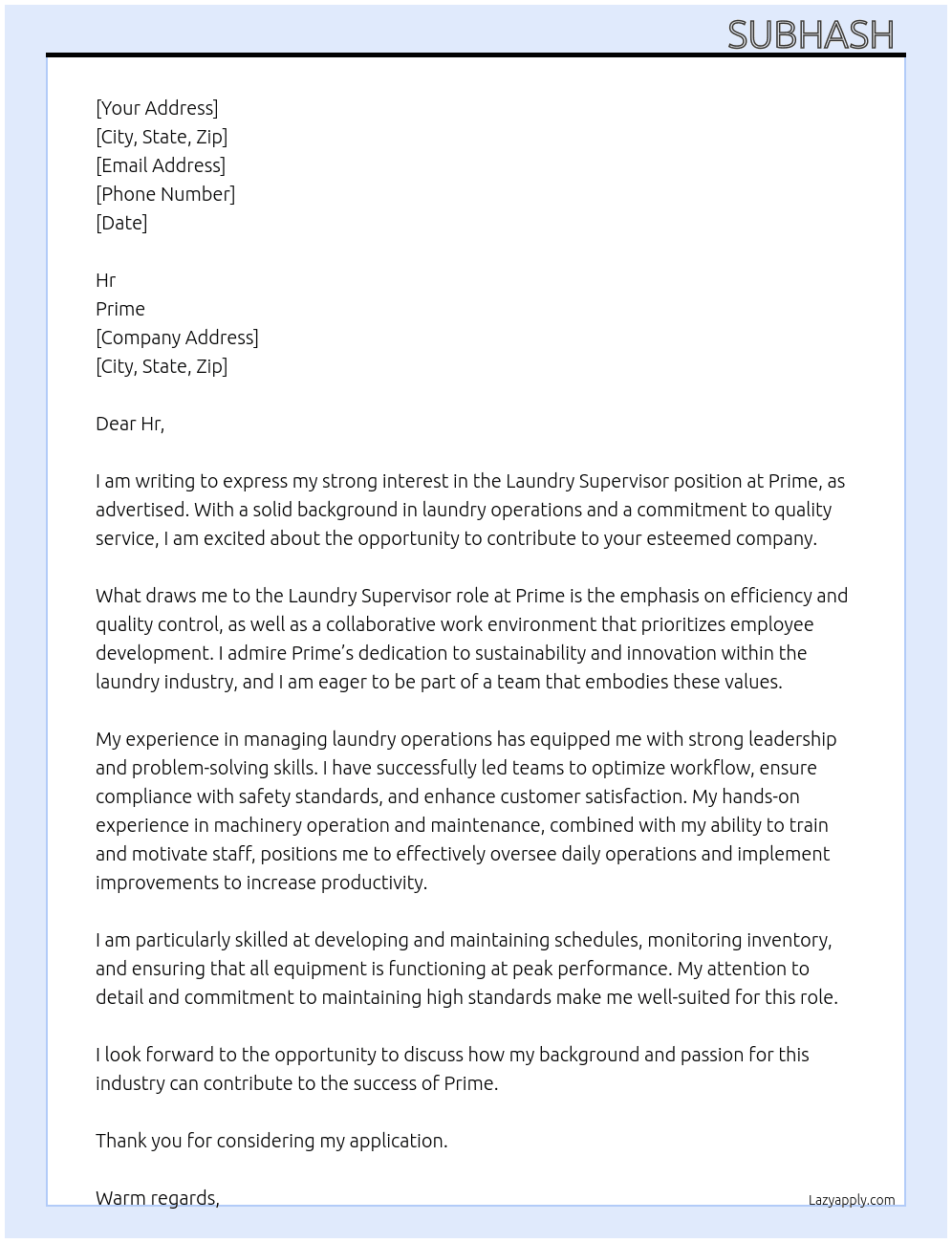 Cover letter for laundry supervisor - LazyApply