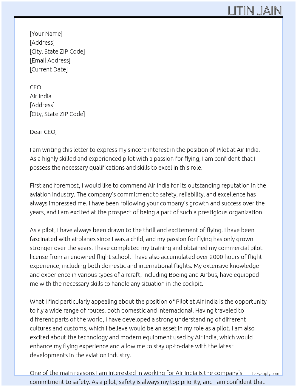 Pilot At Air India Cover Letter