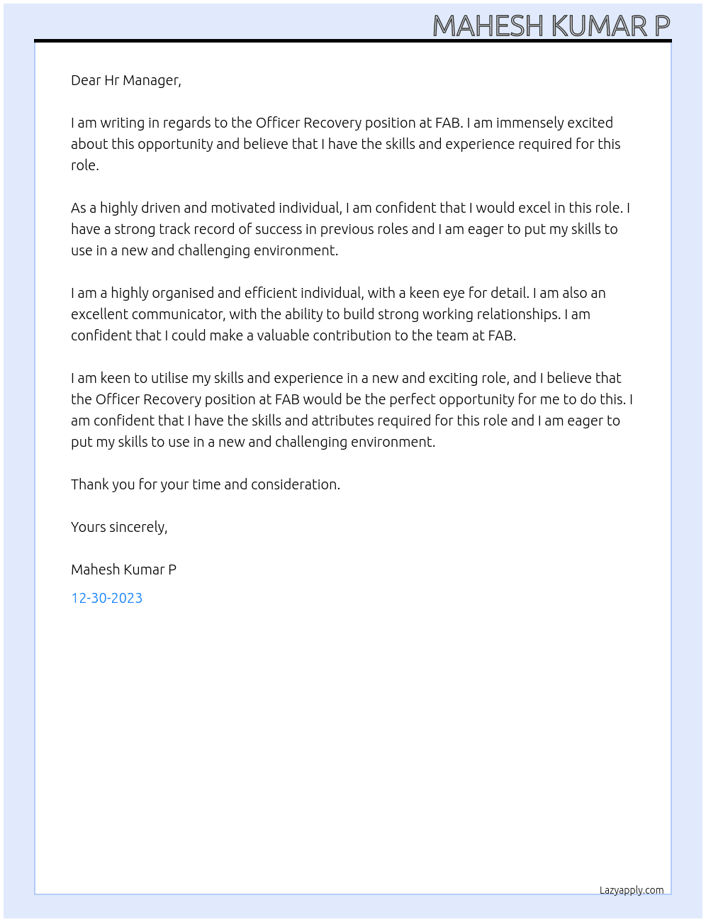 Officer Recovery At FAB Cover Letter