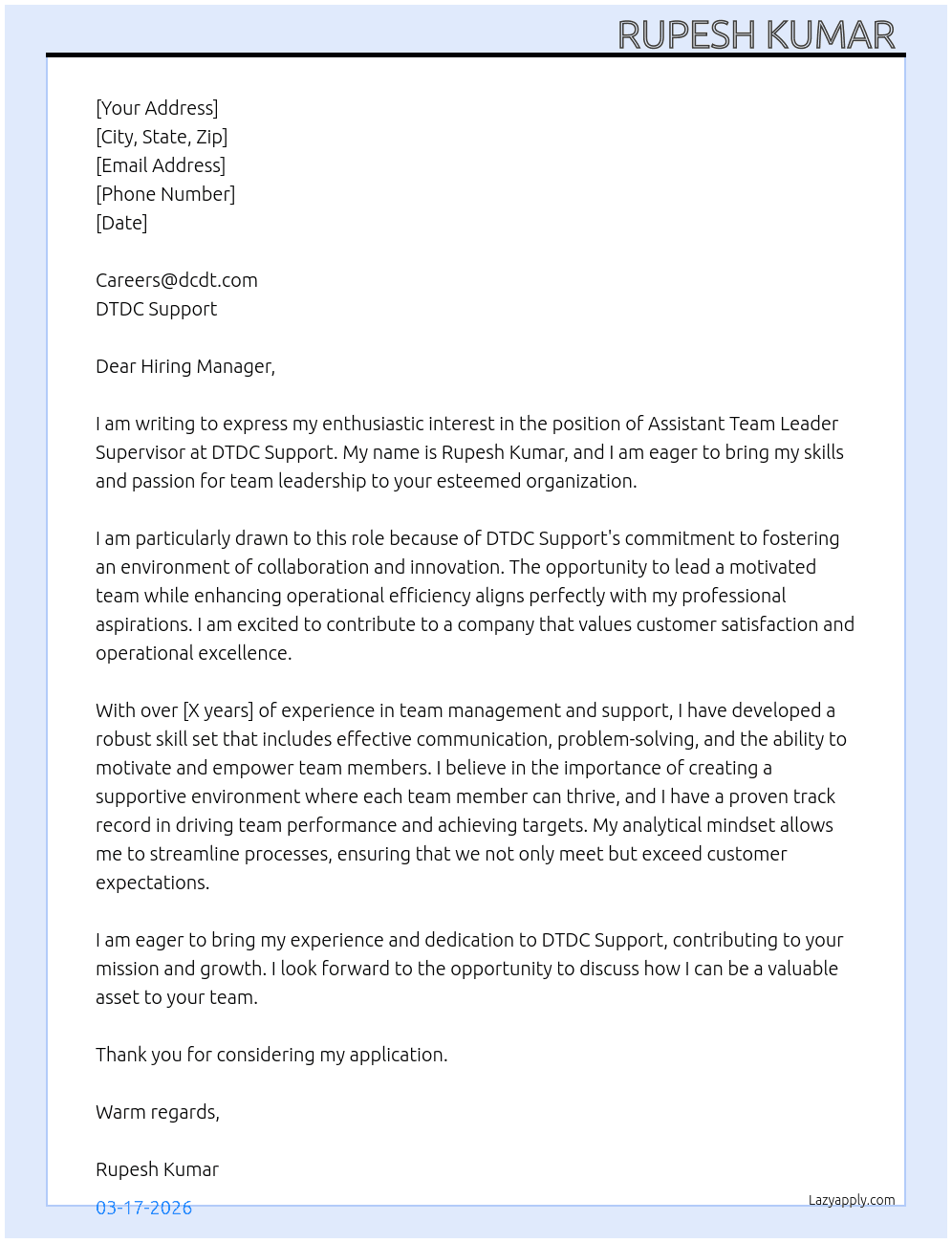 Assistant team leader supervisor Tl At DTDC support  Cover Letter