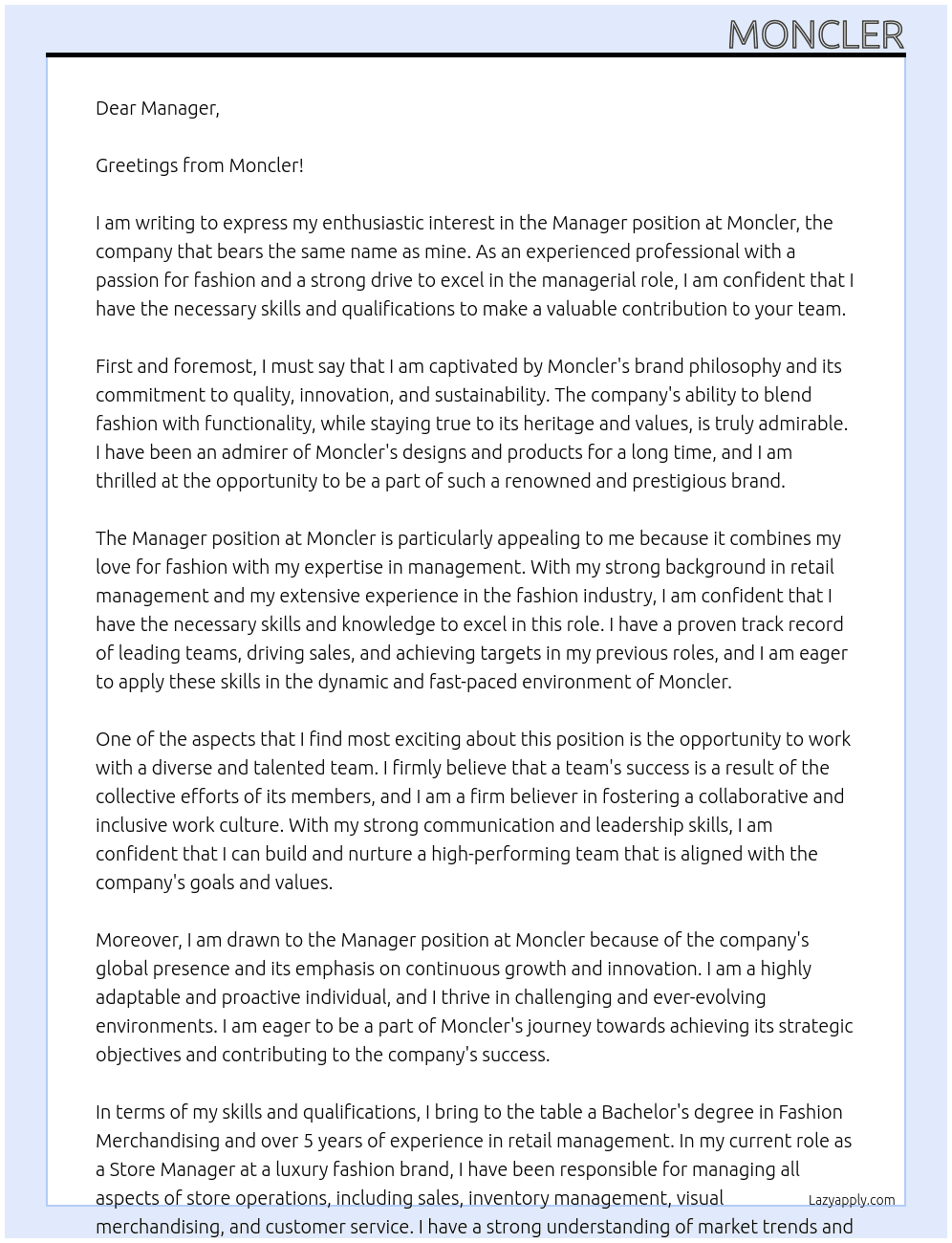 Manager At Moncler Cover Letter