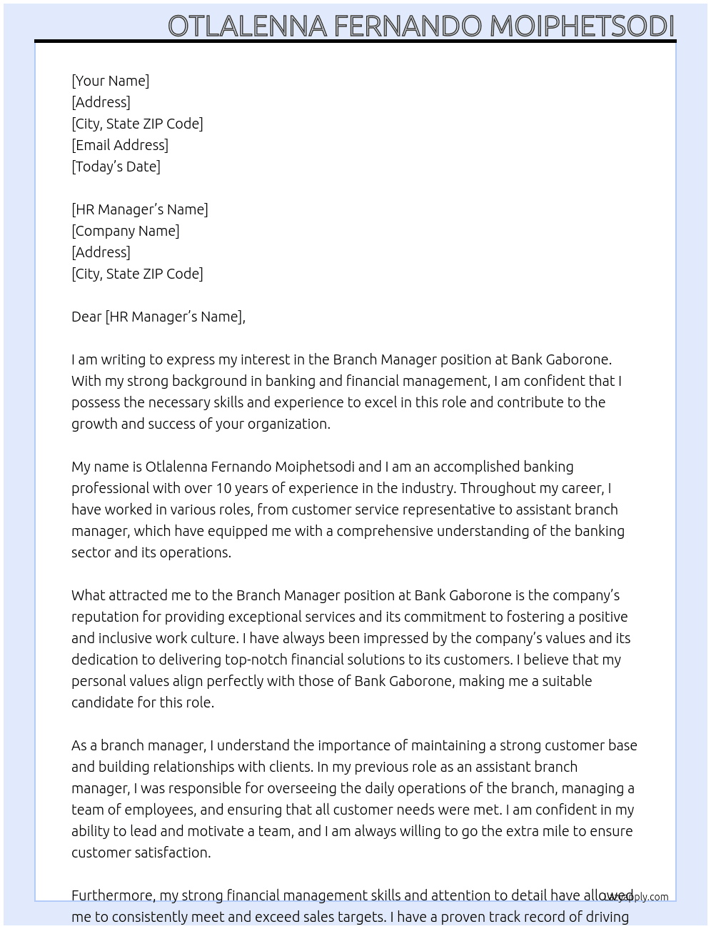 branch manager At Bank Gaborone Cover Letter
