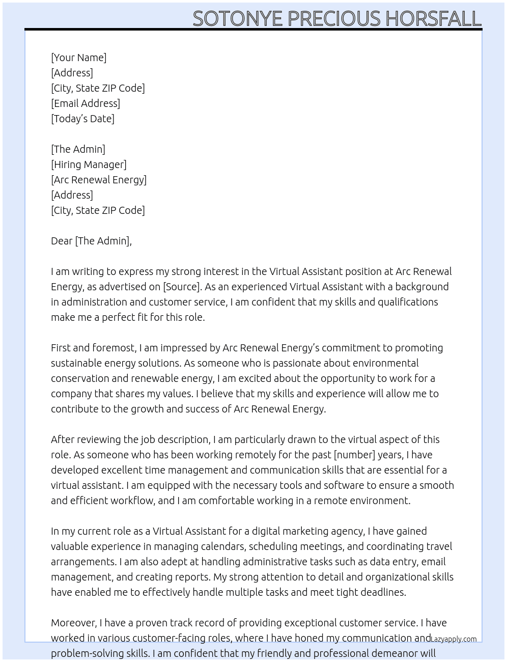 Virtual Assistant  At Arc Renewal Energy  Cover Letter
