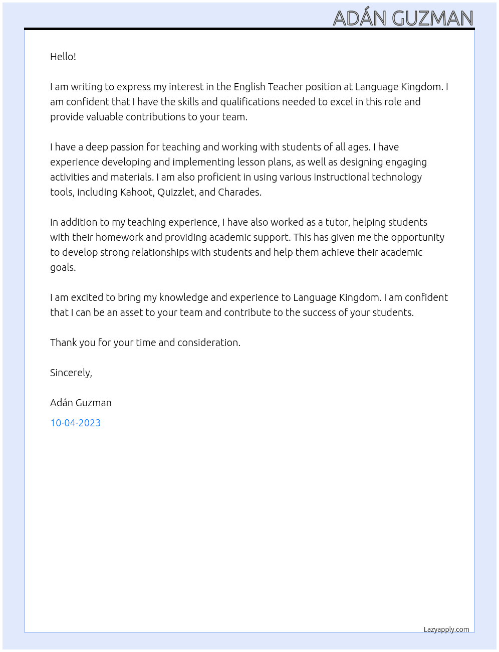 English Teacher At Language Kindom Cover Letter