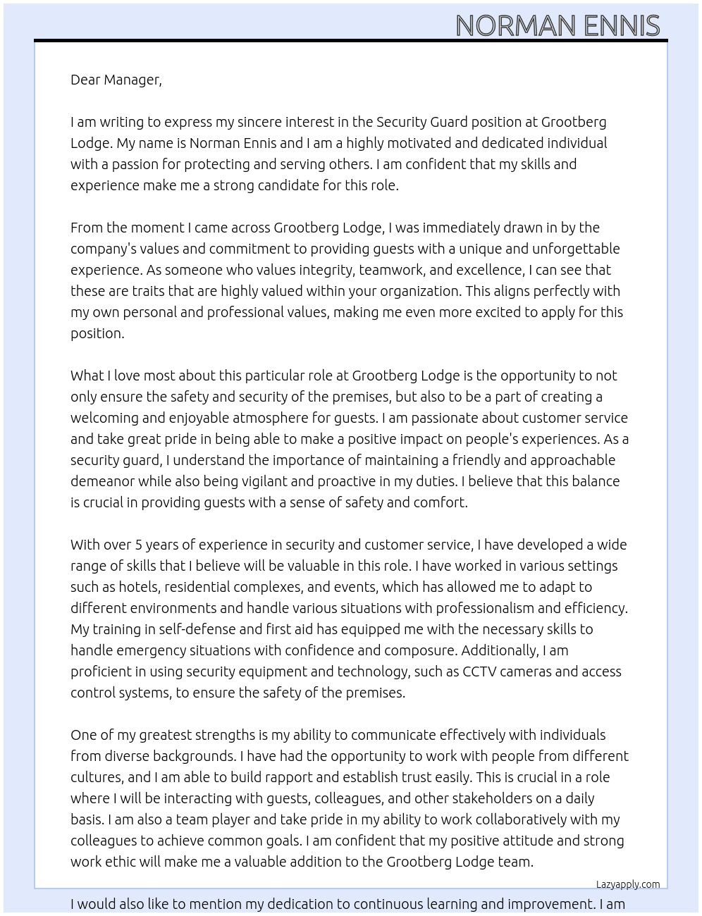 Security guard At Grootberg Lodge Cover Letter