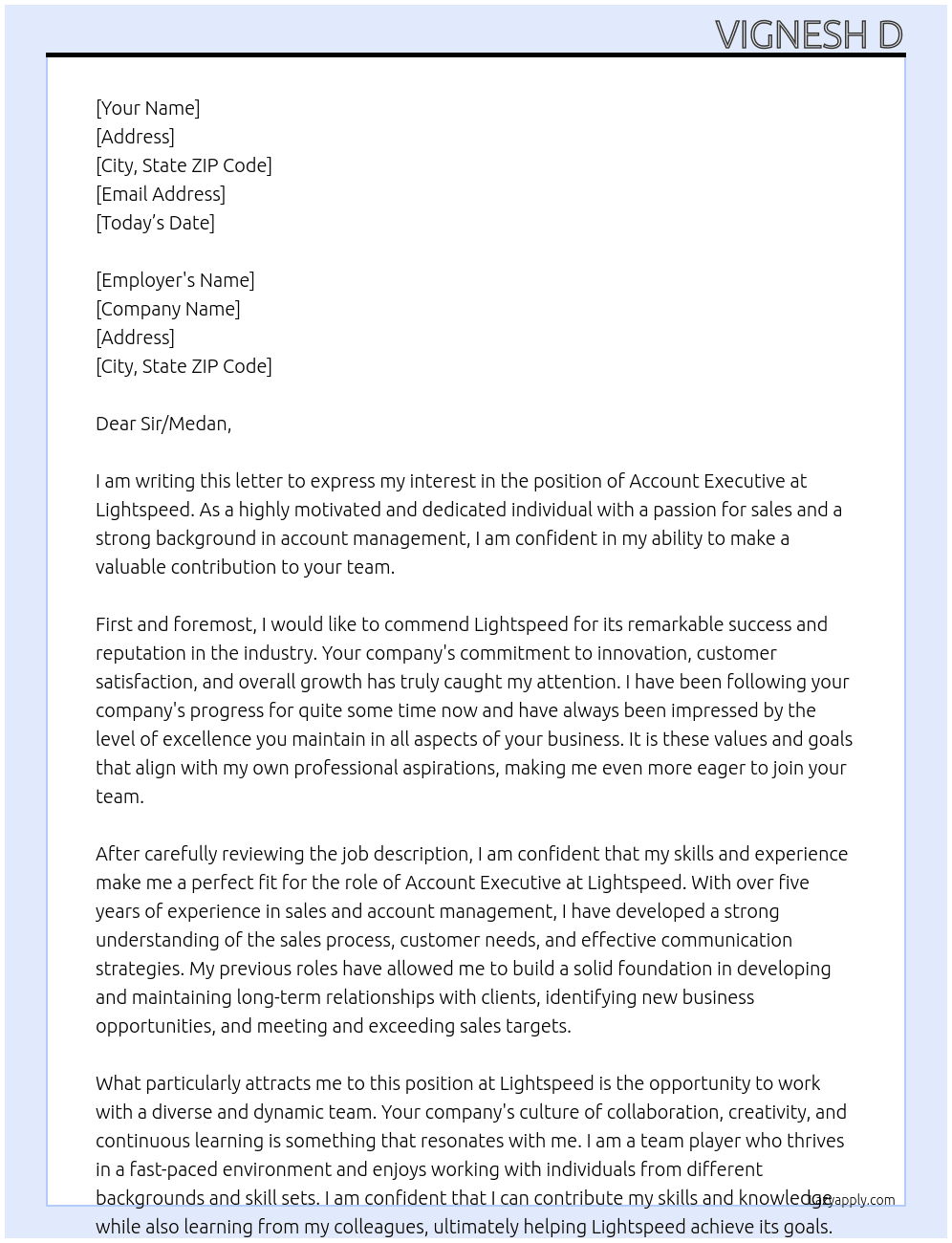 Account executive  At Lightspeed Cover Letter