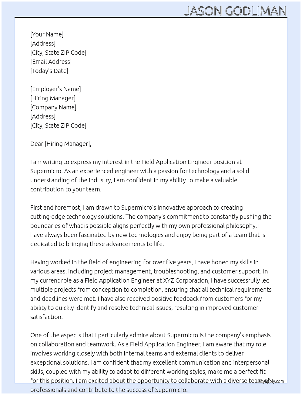 Field Application Engineer  At Supermicro Cover Letter