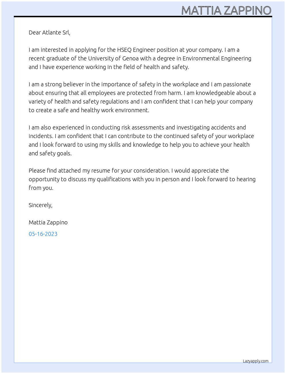 HSEQ Engineer At Atlante Srl Cover Letter