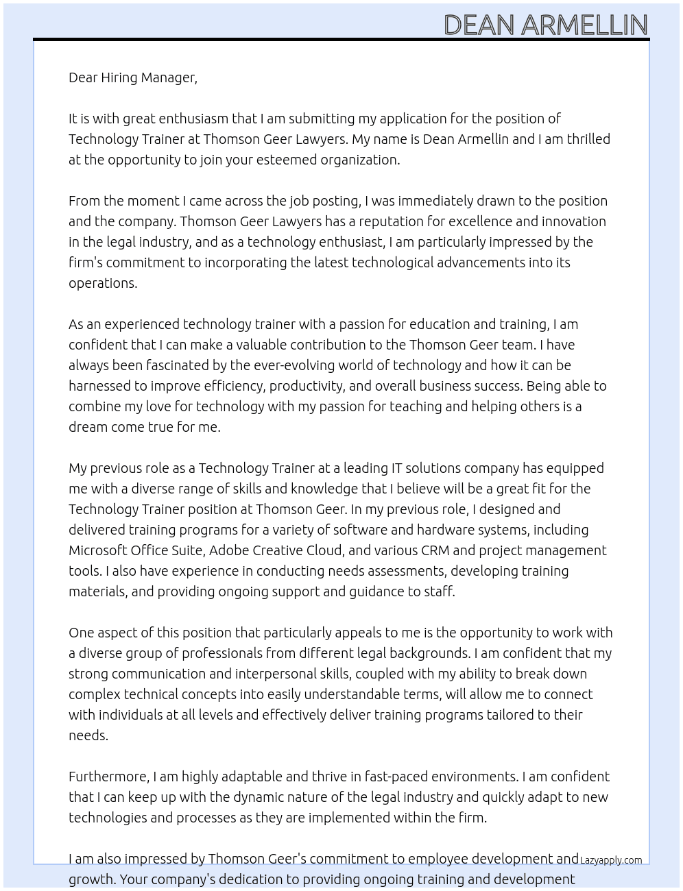 Technology trainer At Thomson Geer Lawyers Cover Letter