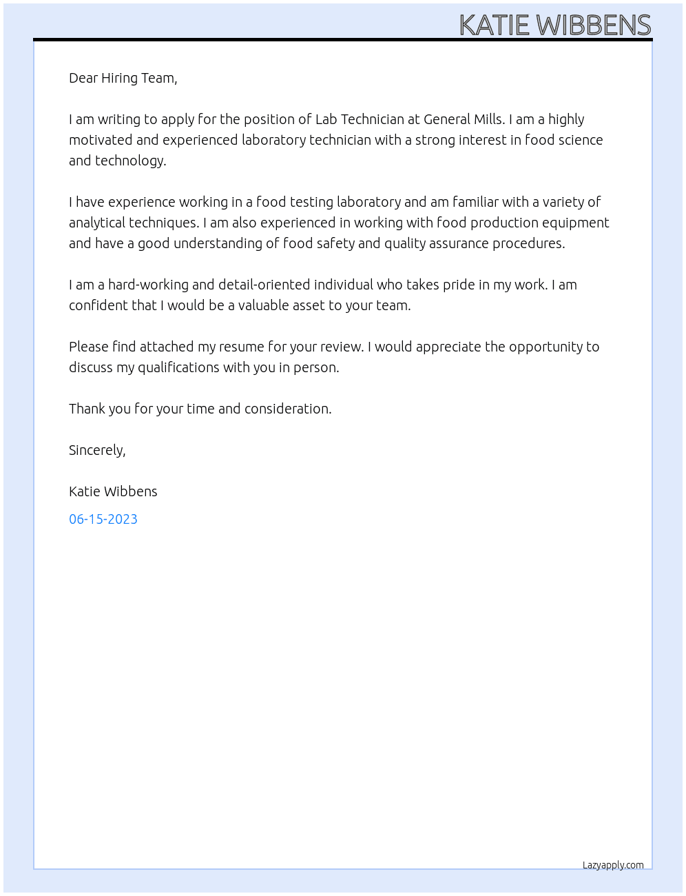 Lab Technician At General Mills Cover Letter