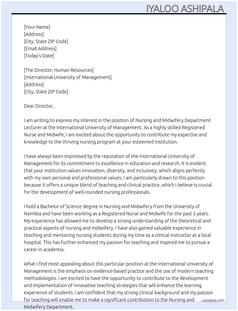 Nursing and Midwifery Department lecturer At International University of Management  Cover Letter