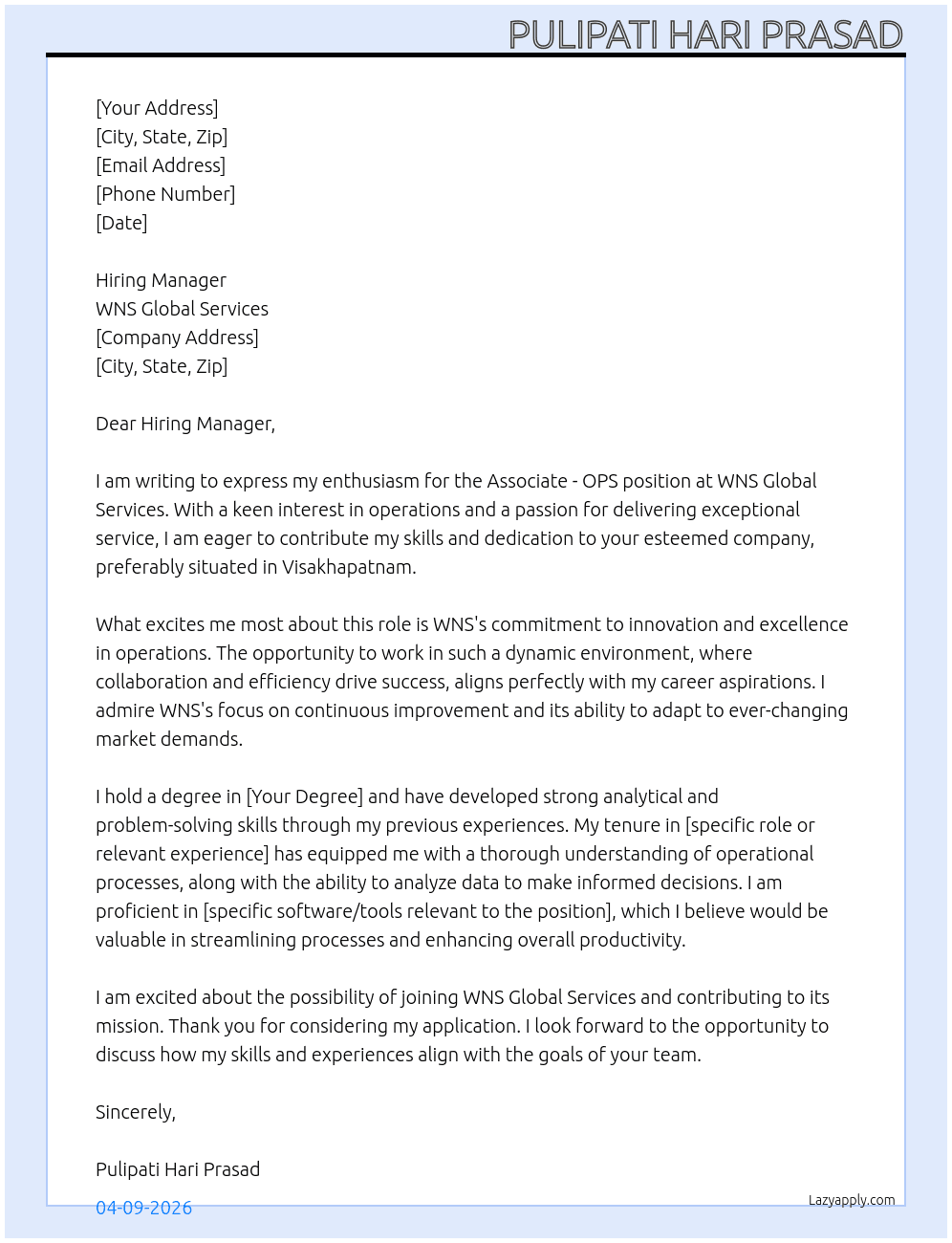 Cover letter for associate - ops - LazyApply